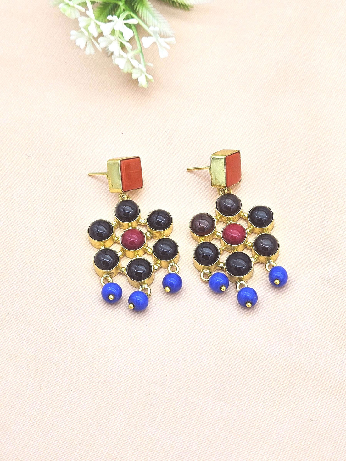 Amazing Gold Plated Red & Black Glass Stones Charming  Designer Dangle Drop Earrings