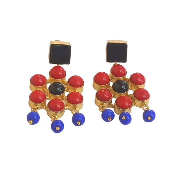 Amazing Gold Plated Red & Black Glass- Blue Glass Beads Stones Charming  Designer Dangle Drop Earrings