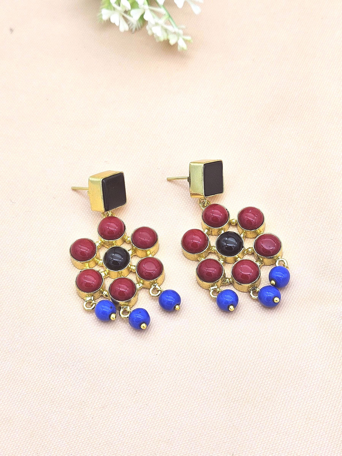 Amazing Gold Plated Red & Black Glass- Blue Glass Beads Stones Charming  Designer Dangle Drop Earrings