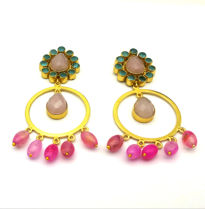Awesome Gold Plated Rose Quartz-Blue Glass-Magenta Color Beads Charming  Designer Dangle Drop Earrings