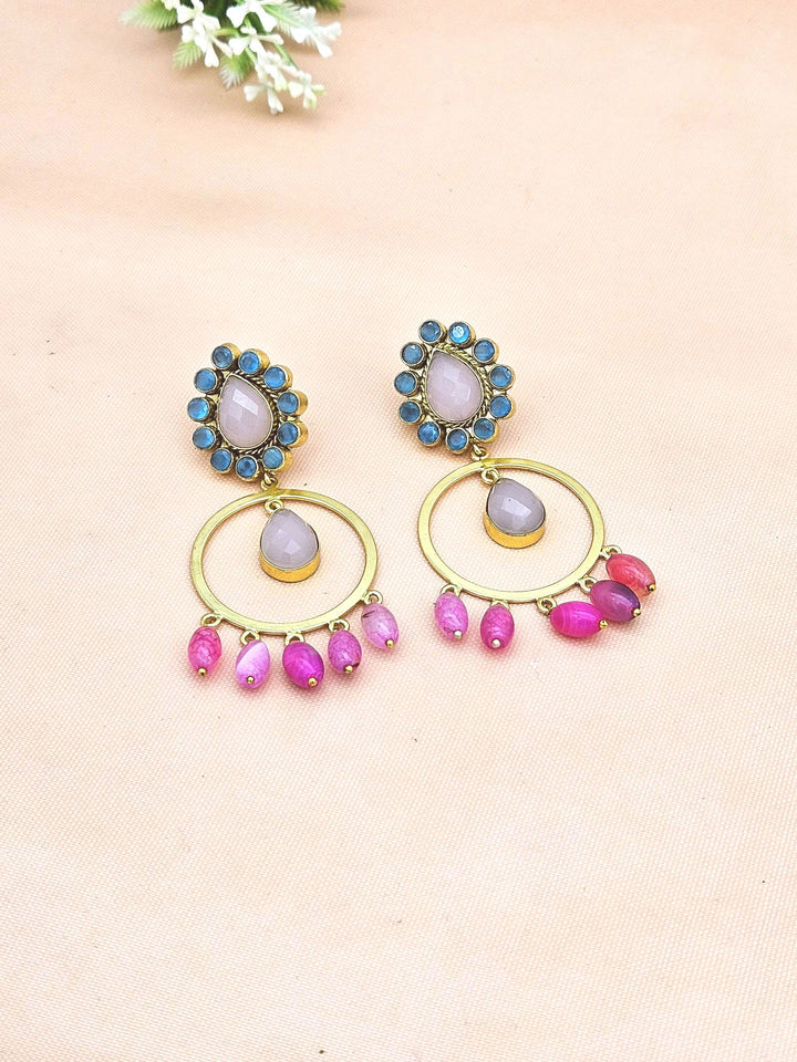 Awesome Gold Plated Rose Quartz-Blue Glass-Magenta Color Beads Charming  Designer Dangle Drop Earrings