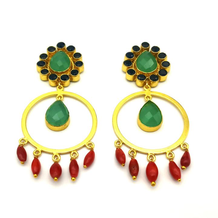 Awesome Gold Plated Aquamarine-Blue Stones- Red Glass Beads Charming  Designer Dangle Drop Earrings