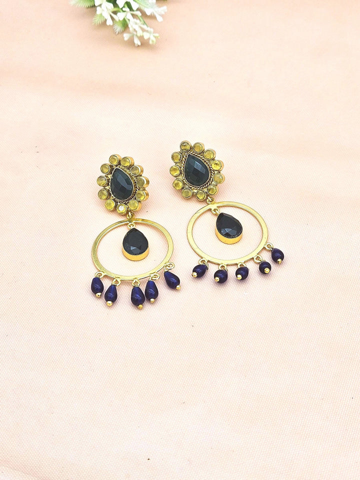 Awesome Gold Plated Yellow Chalcedony-Green Glass-Blue Beads Charming  Designer Dangle Drop Earrings