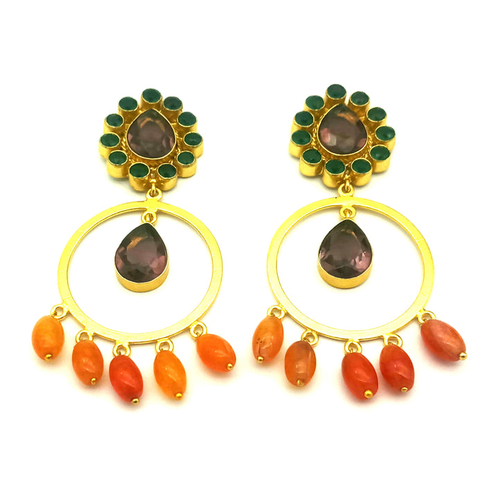 Awesome Gold Plated Smoky-Green Glass-Carnelian  Beads Charming  Designer Dangle Drop Earrings