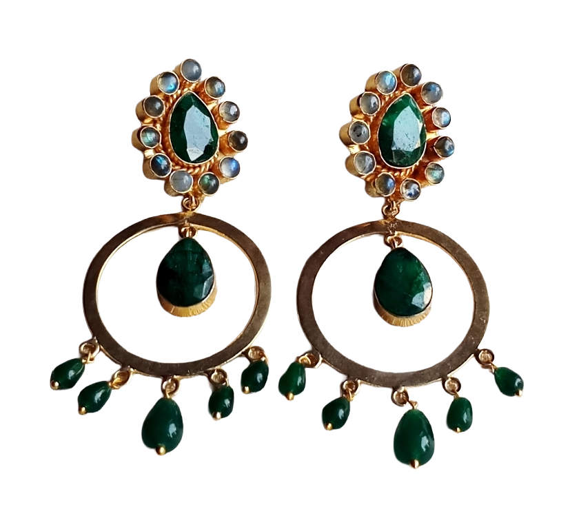 Awesome Gold Plated Green Onyx-Blue Glass Charming  Designer Dangle Drop Earrings