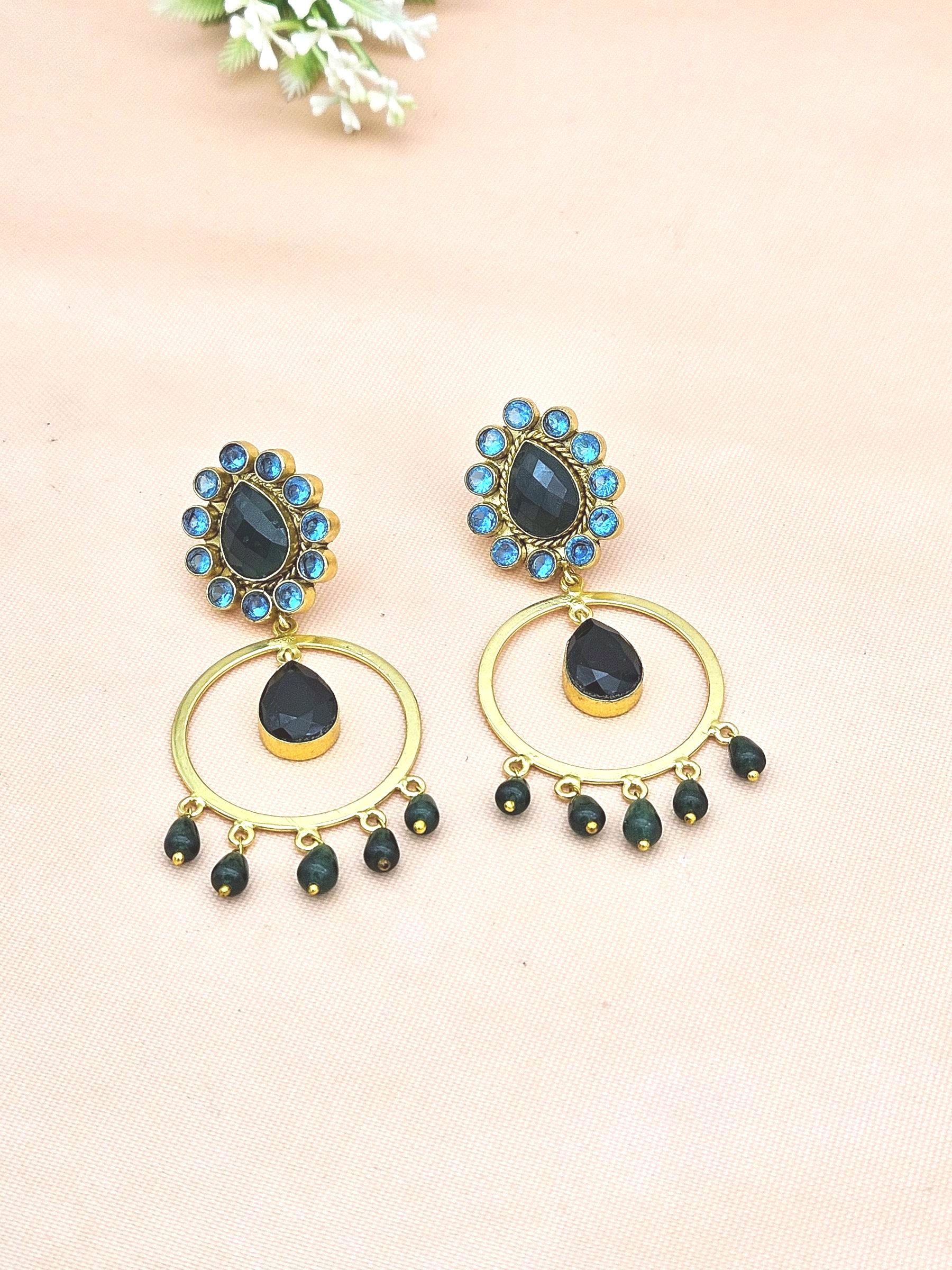 Awesome Gold Plated Green Onyx-Blue Glass Charming  Designer Dangle Drop Earrings
