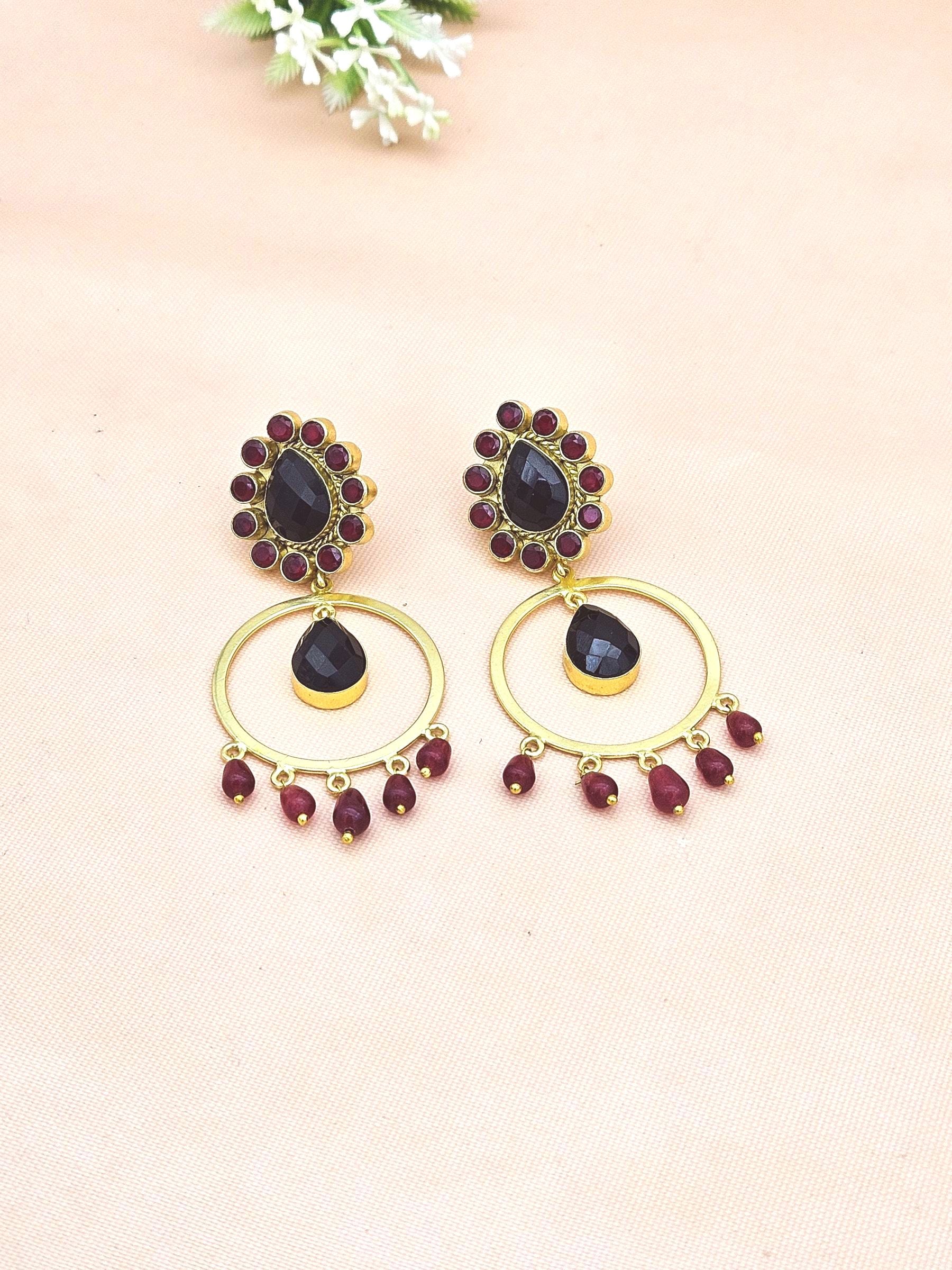 Awesome Gold Plated Black & Red Onyx Charming  Designer Dangle Drop Earrings