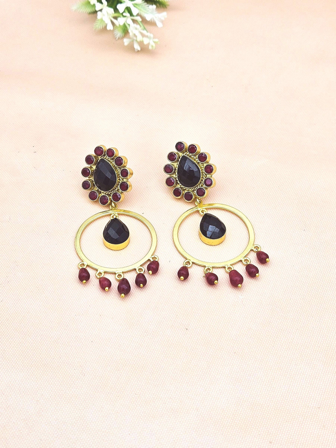 Awesome Gold Plated Black & Red Onyx Charming  Designer Dangle Drop Earrings