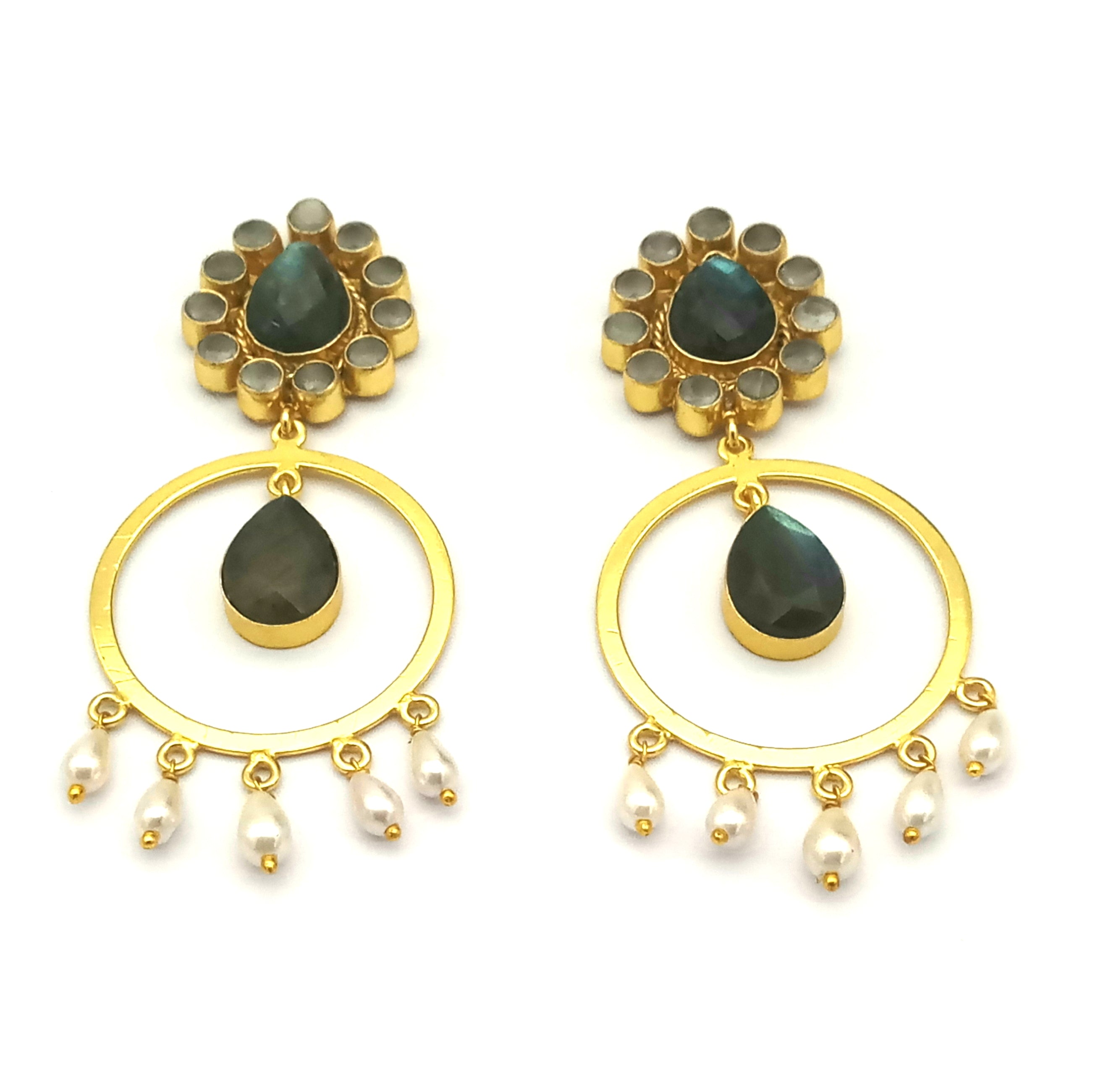 Awesome Gold Plated Labradorite-Crystal-Pearl Charming  Designer Dangle Drop Earrings
