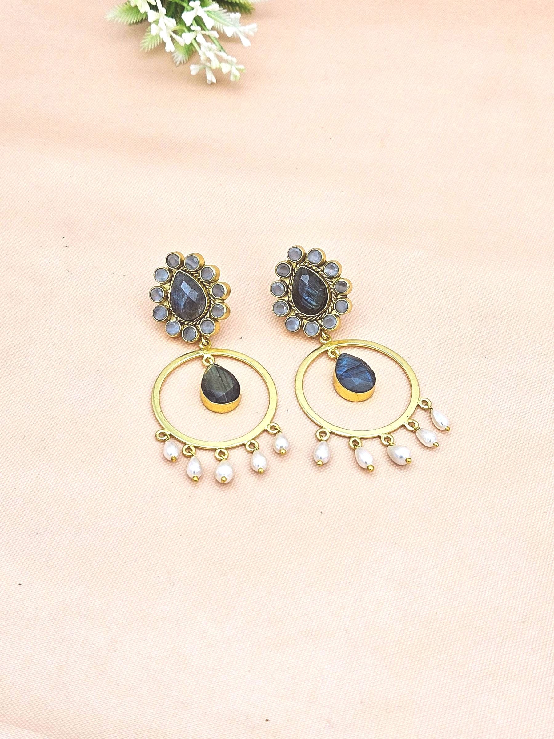 Awesome Gold Plated Labradorite-Crystal-Pearl Charming  Designer Dangle Drop Earrings