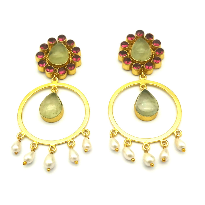 Awesome Gold Plated Prehnite-Magenta Color Glass-Pearl Charming  Designer Dangle Drop Earrings