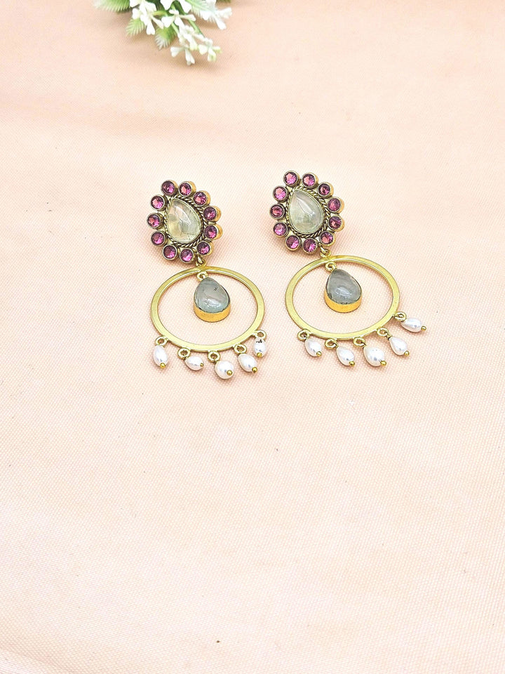 Awesome Gold Plated Prehnite-Magenta Color Glass-Pearl Charming  Designer Dangle Drop Earrings