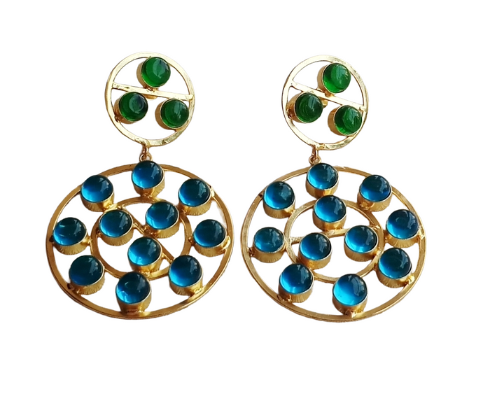 Amazing Gold Plated Multi Green & Blue Glass Stones Round Designer Dangle Drop Earrings