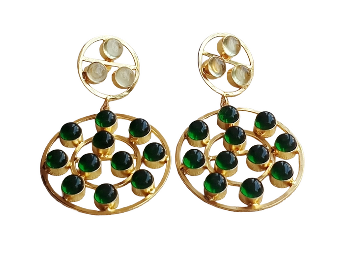 Amazing Gold Plated Multi Green Onyx-Lemon Quartz Stones Round Designer Dangle Drop Earrings