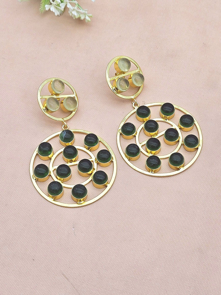 Amazing Gold Plated Multi Green Onyx-Lemon Quartz Stones Round Designer Dangle Drop Earrings