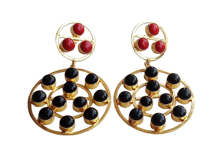 Amazing Gold Plated Multi Red & Black Glass Stones Round Designer Dangle Drop Earrings