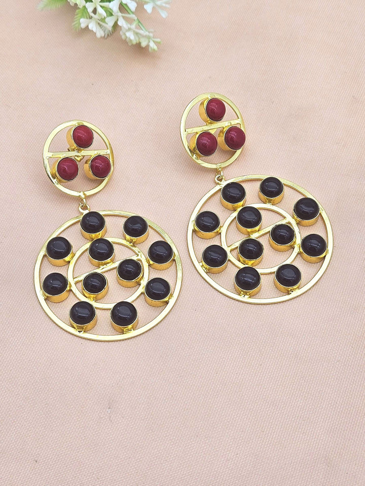 Amazing Gold Plated Multi Red & Black Glass Stones Round Designer Dangle Drop Earrings