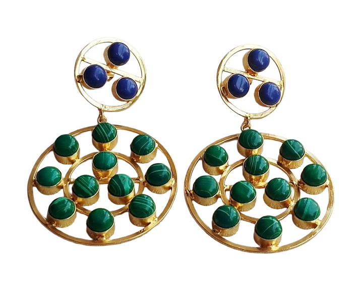 Amazing Gold Plated Multi Blue Glass-Synthetic Malachite Stones Round Designer Dangle Drop Earrings
