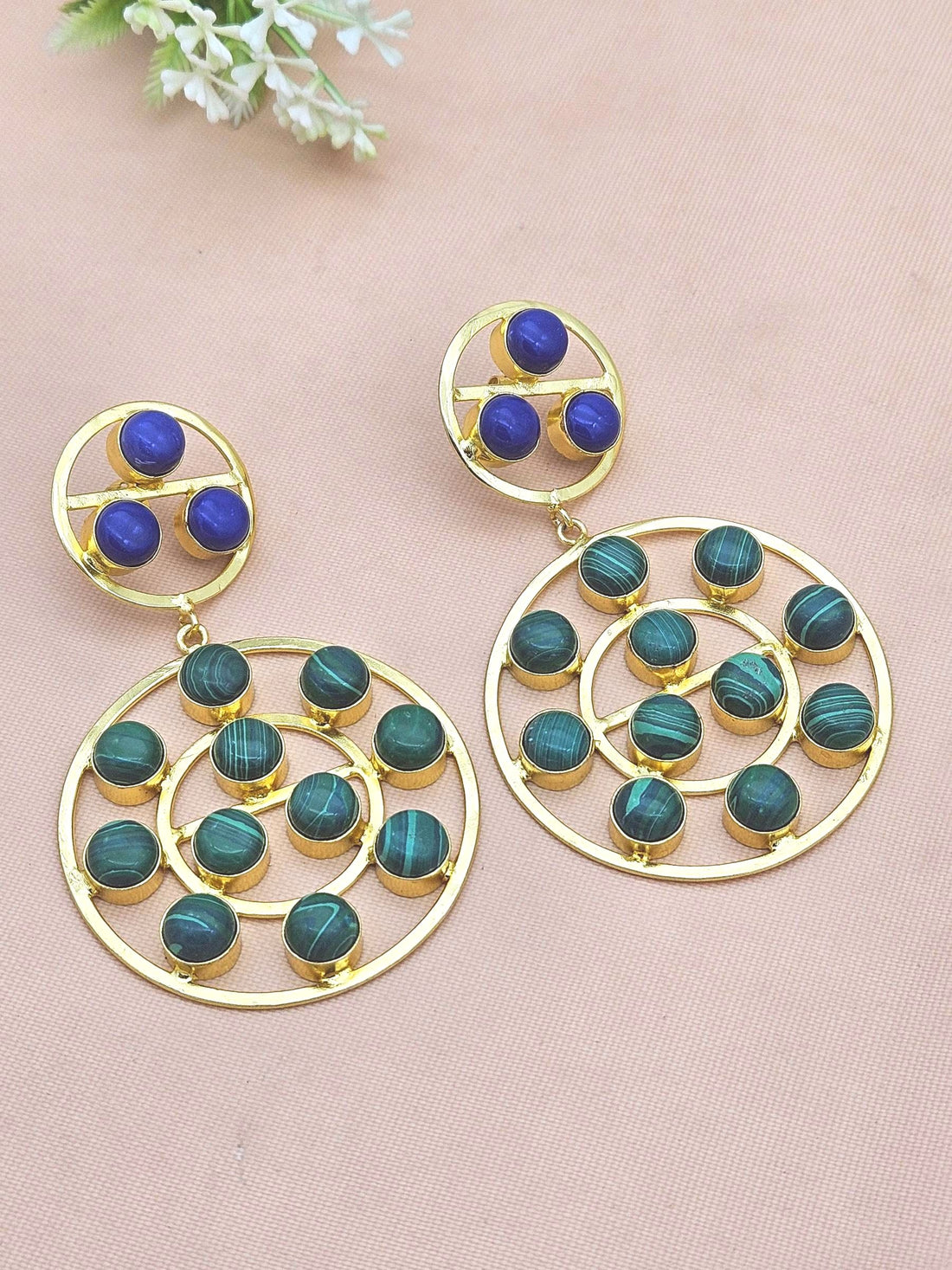 Amazing Gold Plated Multi Blue Glass-Synthetic Malachite Stones Round Designer Dangle Drop Earrings