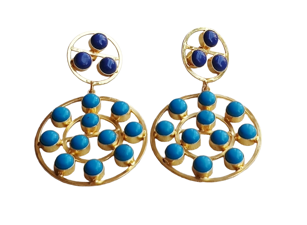 Amazing Gold Plated Multi Blue Glass-Synthetic Turquoise Stones Round Designer Dangle Drop Earrings