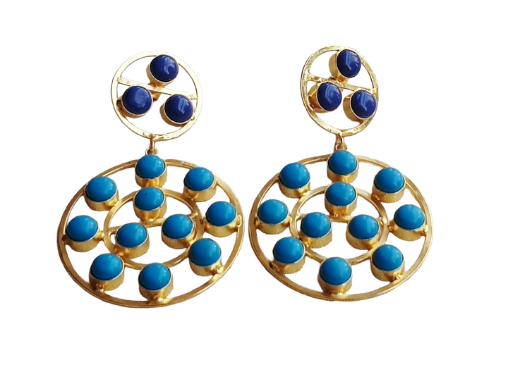 Amazing Gold Plated Multi Blue Glass-Synthetic Turquoise Stones Round Designer Dangle Drop Earrings