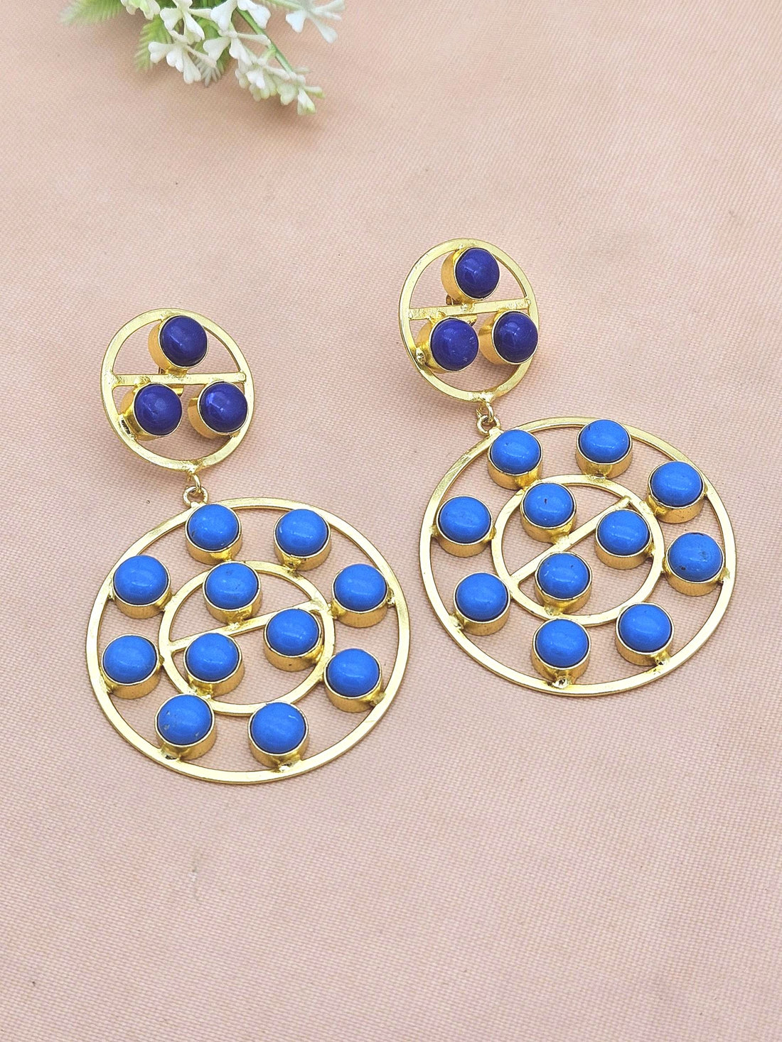 Amazing Gold Plated Multi Blue Glass-Synthetic Turquoise Stones Round Designer Dangle Drop Earrings
