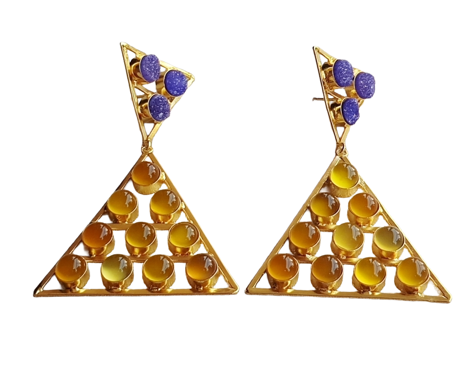 Gorgeous Gold Plated Yellow Chalcedony-Blue Druzy Stones Charming Triangle Design Costume Dangle Drop Earrings