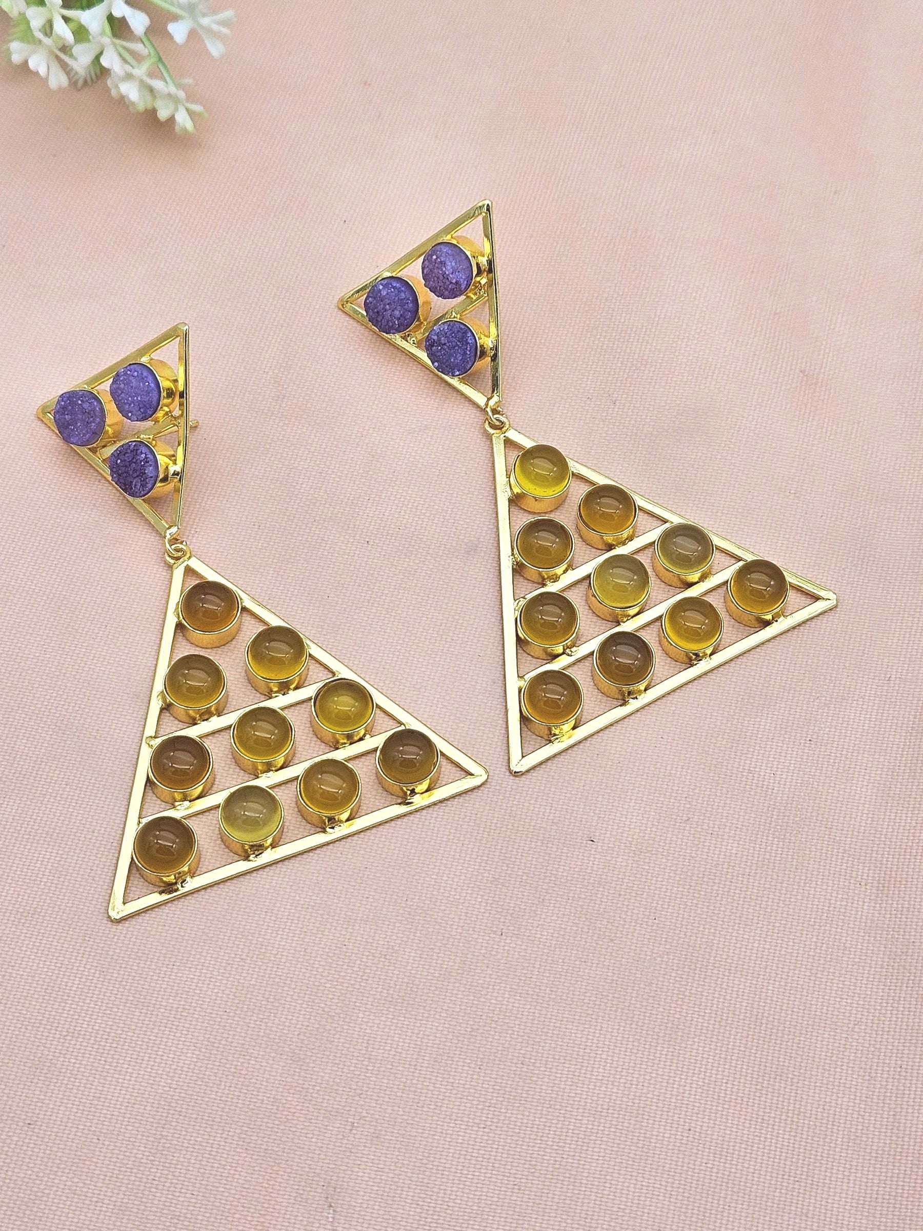 Gorgeous Gold Plated Yellow Chalcedony-Blue Druzy Stones Charming Triangle Design Costume Dangle Drop Earrings