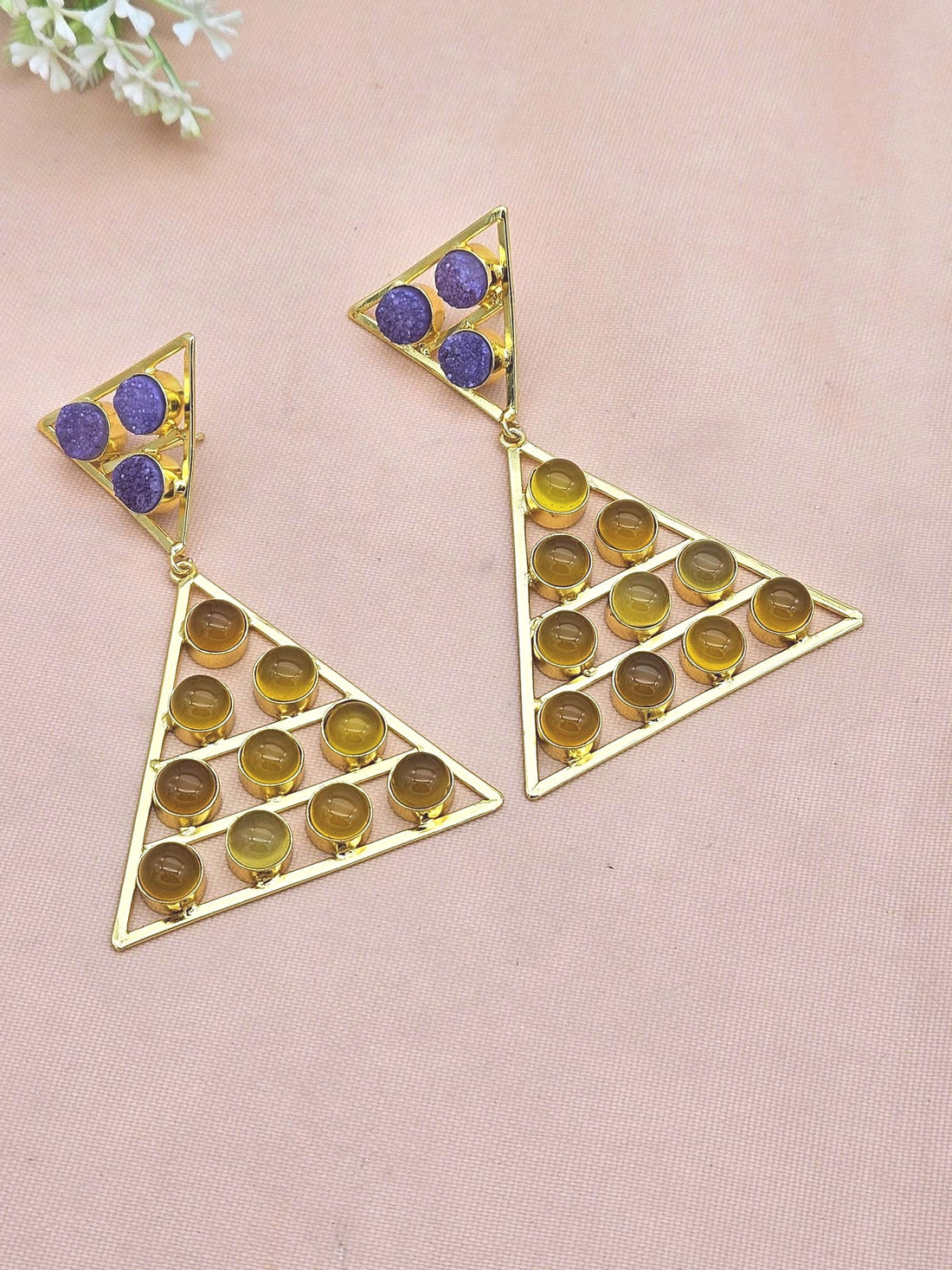 Gorgeous Gold Plated Yellow Chalcedony-Blue Druzy Stones Charming Triangle Design Costume Dangle Drop Earrings