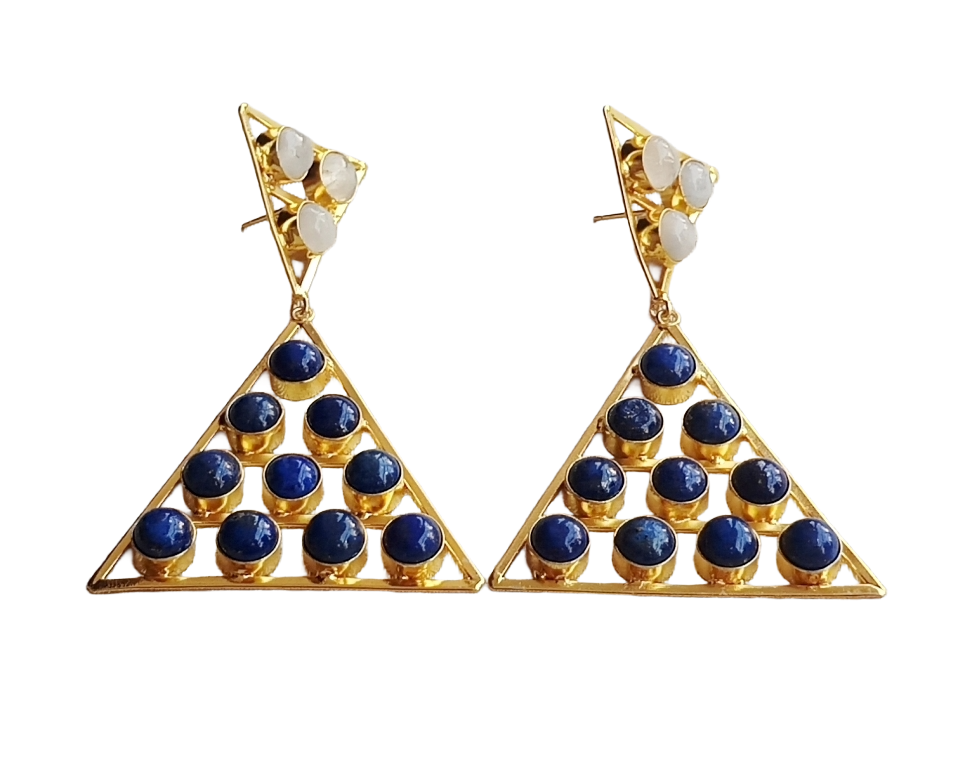 Gorgeous Gold Plated White Rainbow-Lapis Stones Charming Triangle Design Costume Dangle Drop Earrings