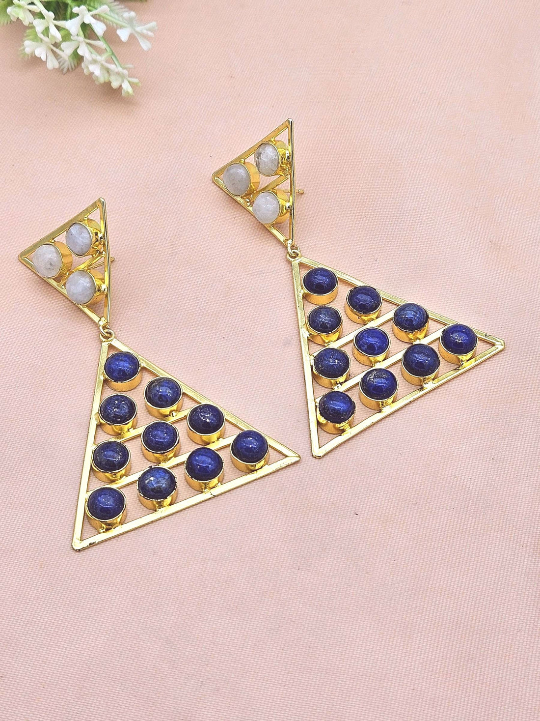 Gorgeous Gold Plated White Rainbow-Lapis Stones Charming Triangle Design Costume Dangle Drop Earrings