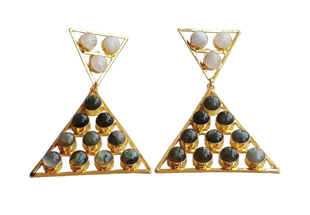 Gorgeous Gold Plated White Rainbow-Labradorite Stones Charming Triangle Design Costume Dangle Drop Earrings