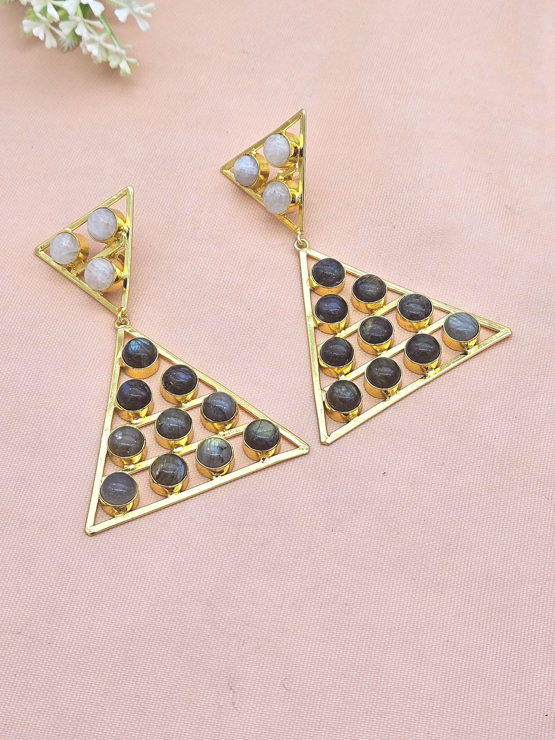 Gorgeous Gold Plated White Rainbow-Labradorite Stones Charming Triangle Design Costume Dangle Drop Earrings