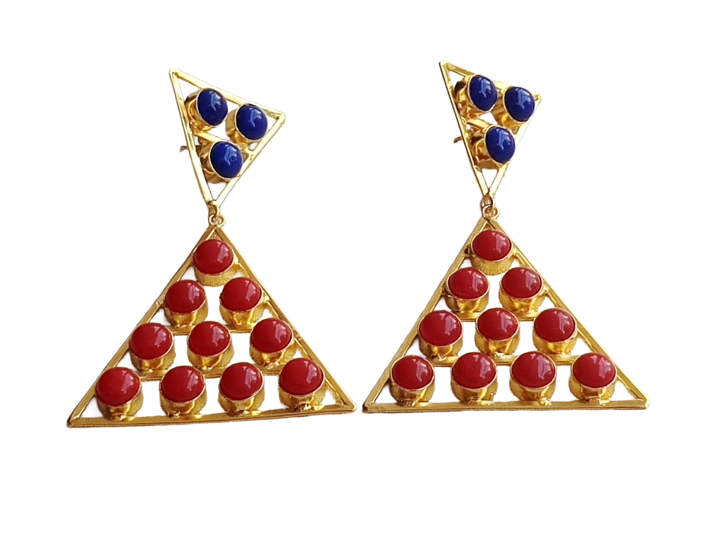 Gorgeous Gold Plated White Coral-Lapis Stones Charming Triangle Design Costume Dangle Drop Earrings