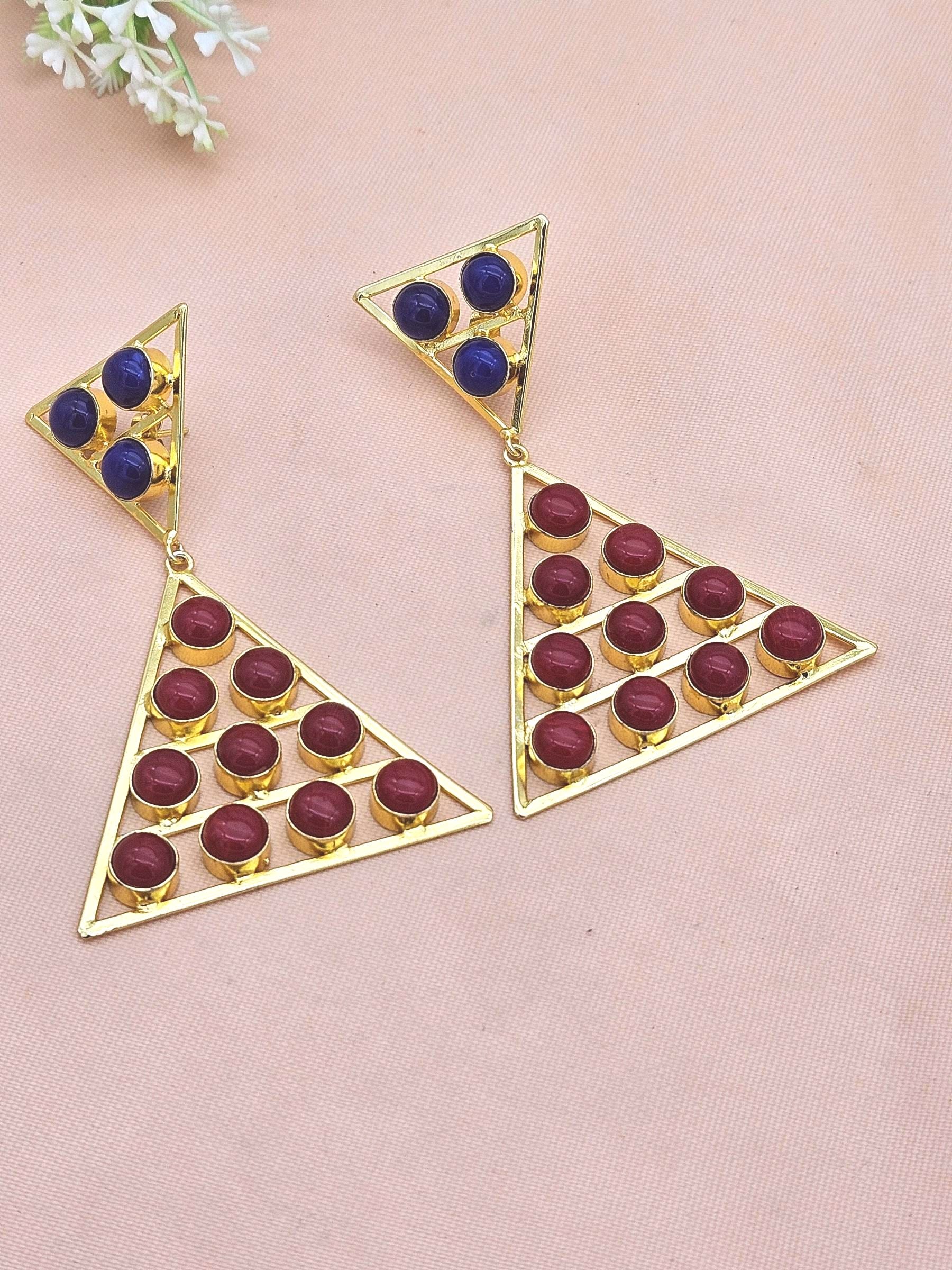 Gorgeous Gold Plated White Coral-Lapis Stones Charming Triangle Design Costume Dangle Drop Earrings