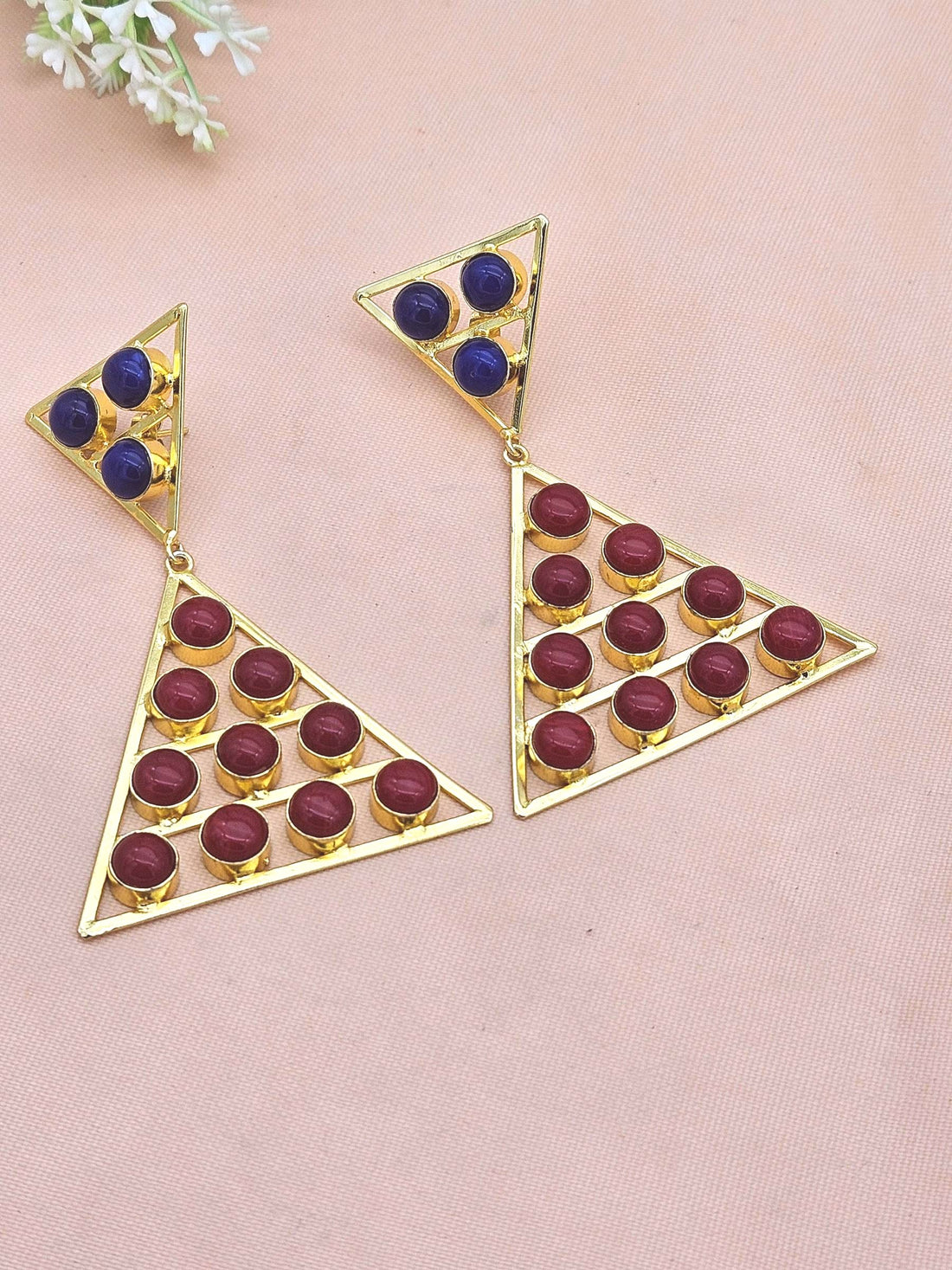 Gorgeous Gold Plated White Coral-Lapis Stones Charming Triangle Design Costume Dangle Drop Earrings
