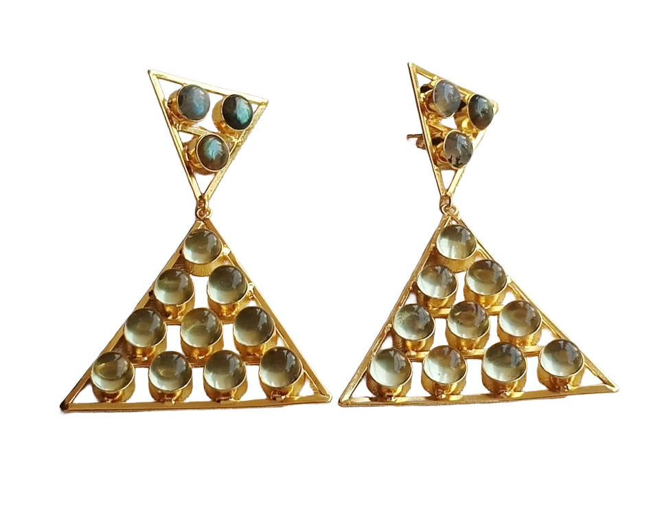 Gorgeous Gold Plated Labradorite-Lemon Quartz Stones Charming Triangle Design Costume Dangle Drop Earrings