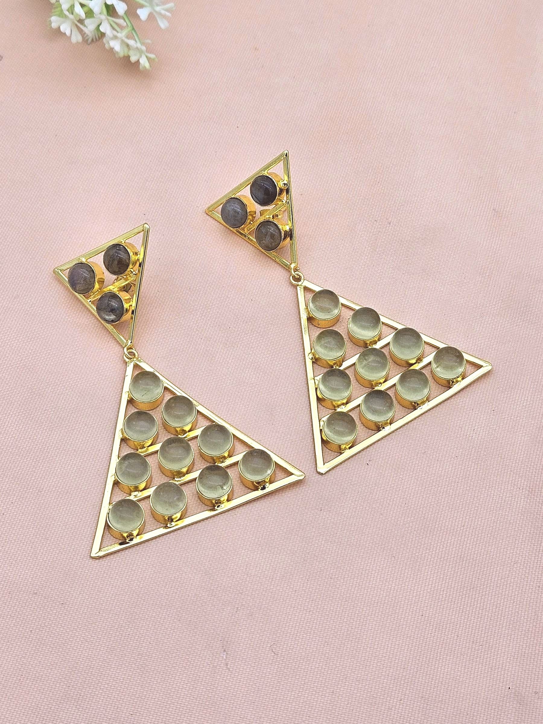 Gorgeous Gold Plated Labradorite-Lemon Quartz Stones Charming Triangle Design Costume Dangle Drop Earrings