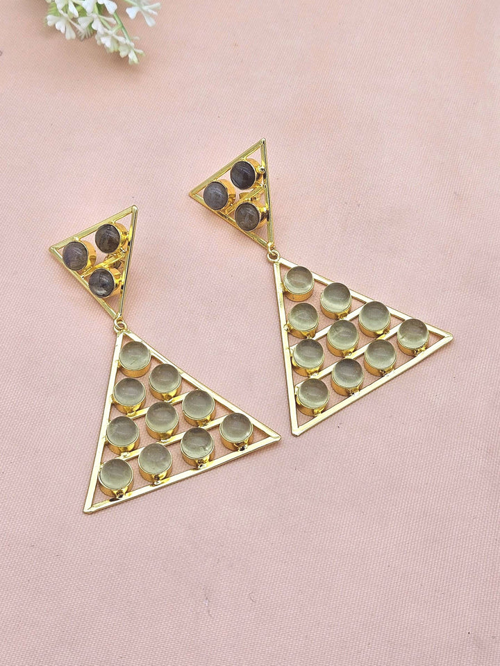 Gorgeous Gold Plated Labradorite-Lemon Quartz Stones Charming Triangle Design Costume Dangle Drop Earrings
