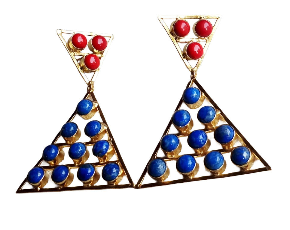 Gorgeous Gold Plated Coral-Lapis Lazuli Stones Charming Triangle Design Costume Dangle Drop Earrings