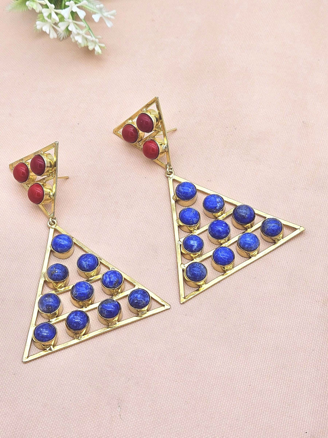 Gorgeous Gold Plated Coral-Lapis Lazuli Stones Charming Triangle Design Costume Dangle Drop Earrings