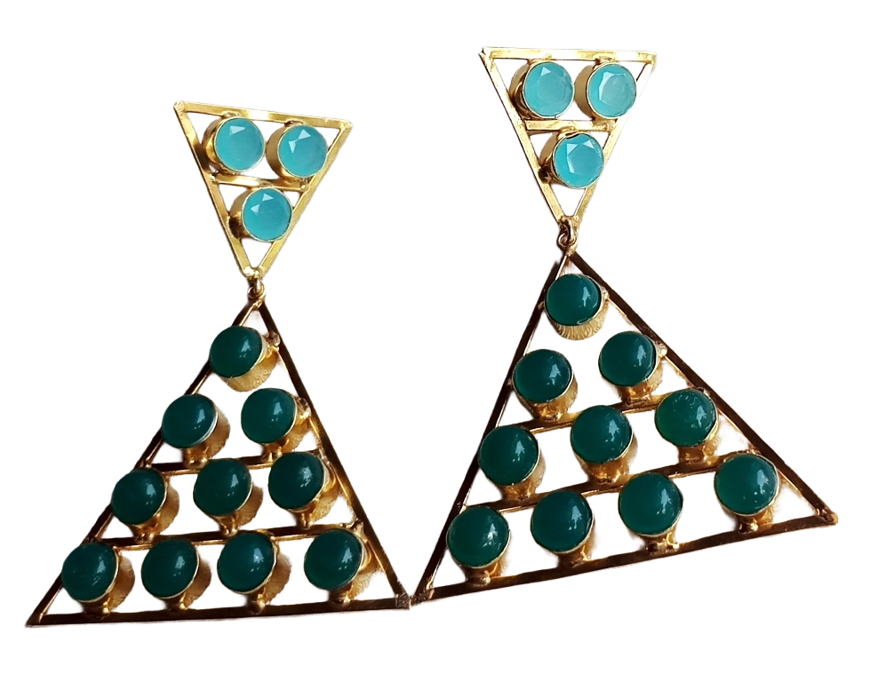 Gorgeous Gold Plated Chalcedony-Green Onyx Stones Charming Triangle Design Costume Dangle Drop Earrings