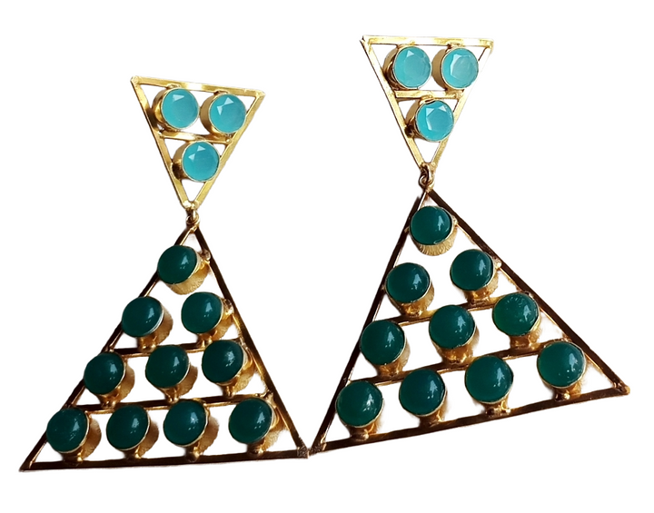 Gorgeous Gold Plated Chalcedony-Green Onyx Stones Charming Triangle Design Costume Dangle Drop Earrings