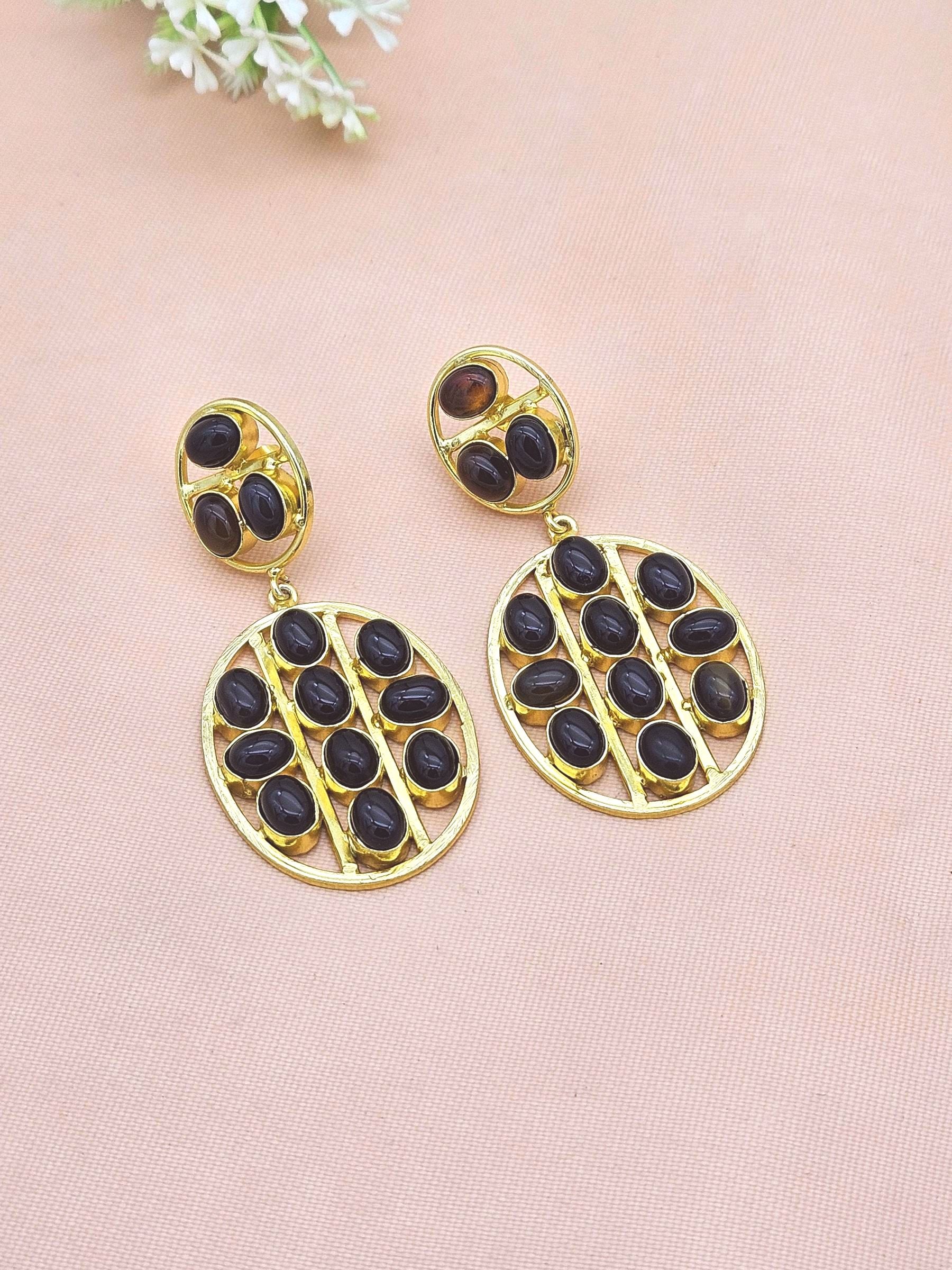 Stunning Gold Plated Black Onyx Multi Stones Oval Shape Charming Design Dangle Drop Earrings