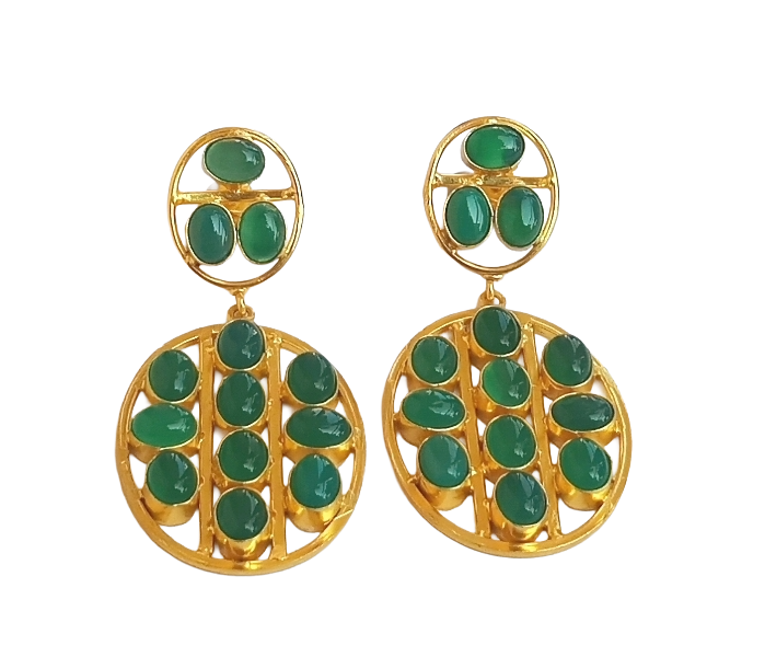 Stunning Gold Plated Green Onyx Multi Stones Oval Shape Charming Design Dangle Drop Earrings
