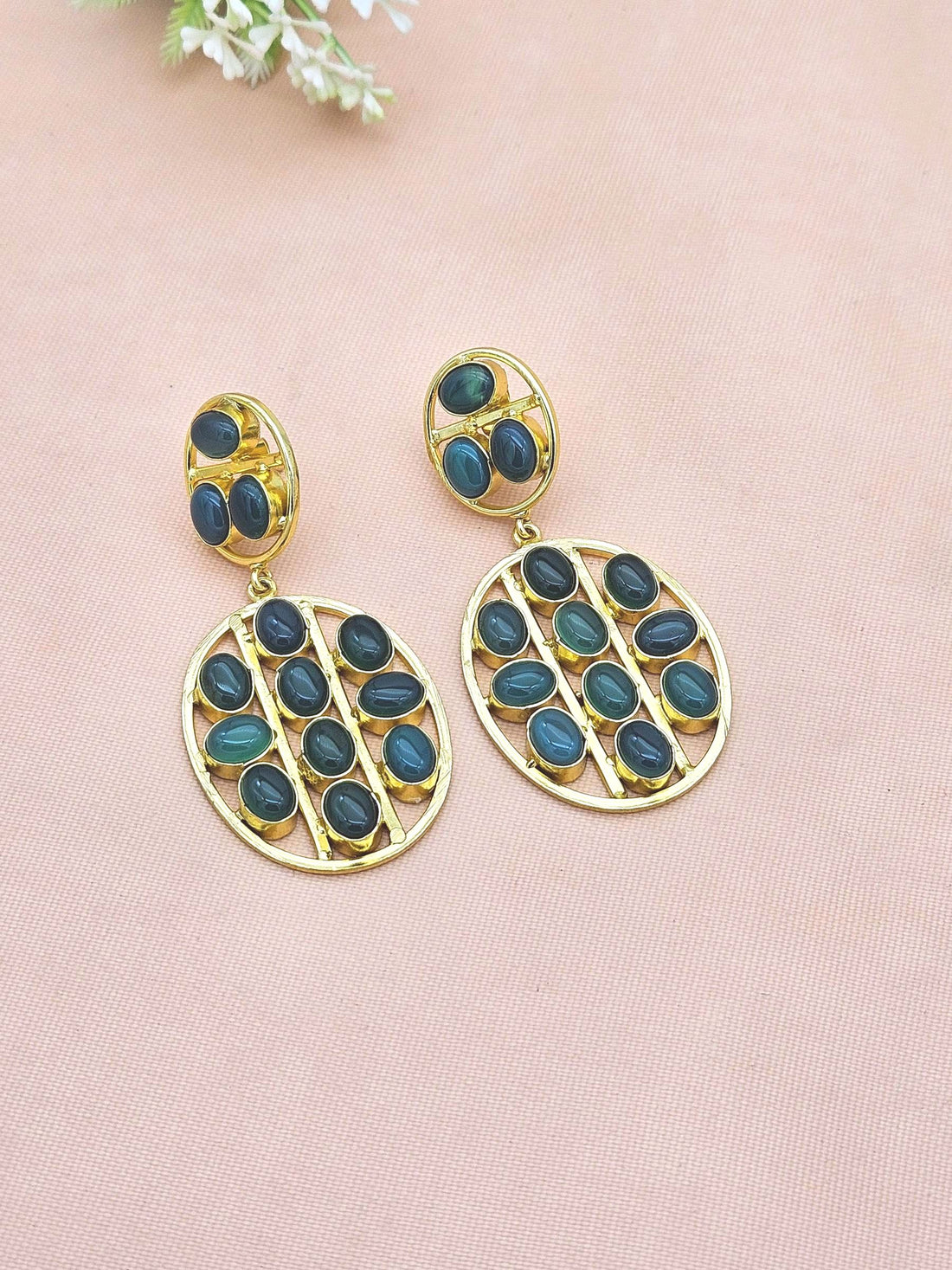 Stunning Gold Plated Green Onyx Multi Stones Oval Shape Charming Design Dangle Drop Earrings