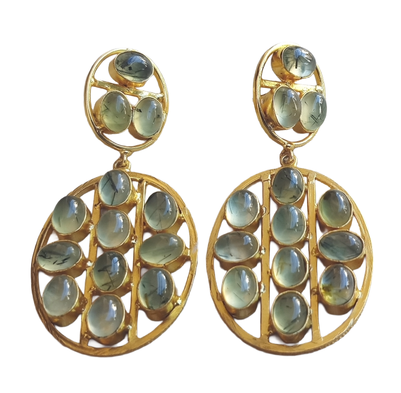 Stunning Gold Plated Prehnite Multi Stones Oval Shape Charming Design Dangle Drop Earrings