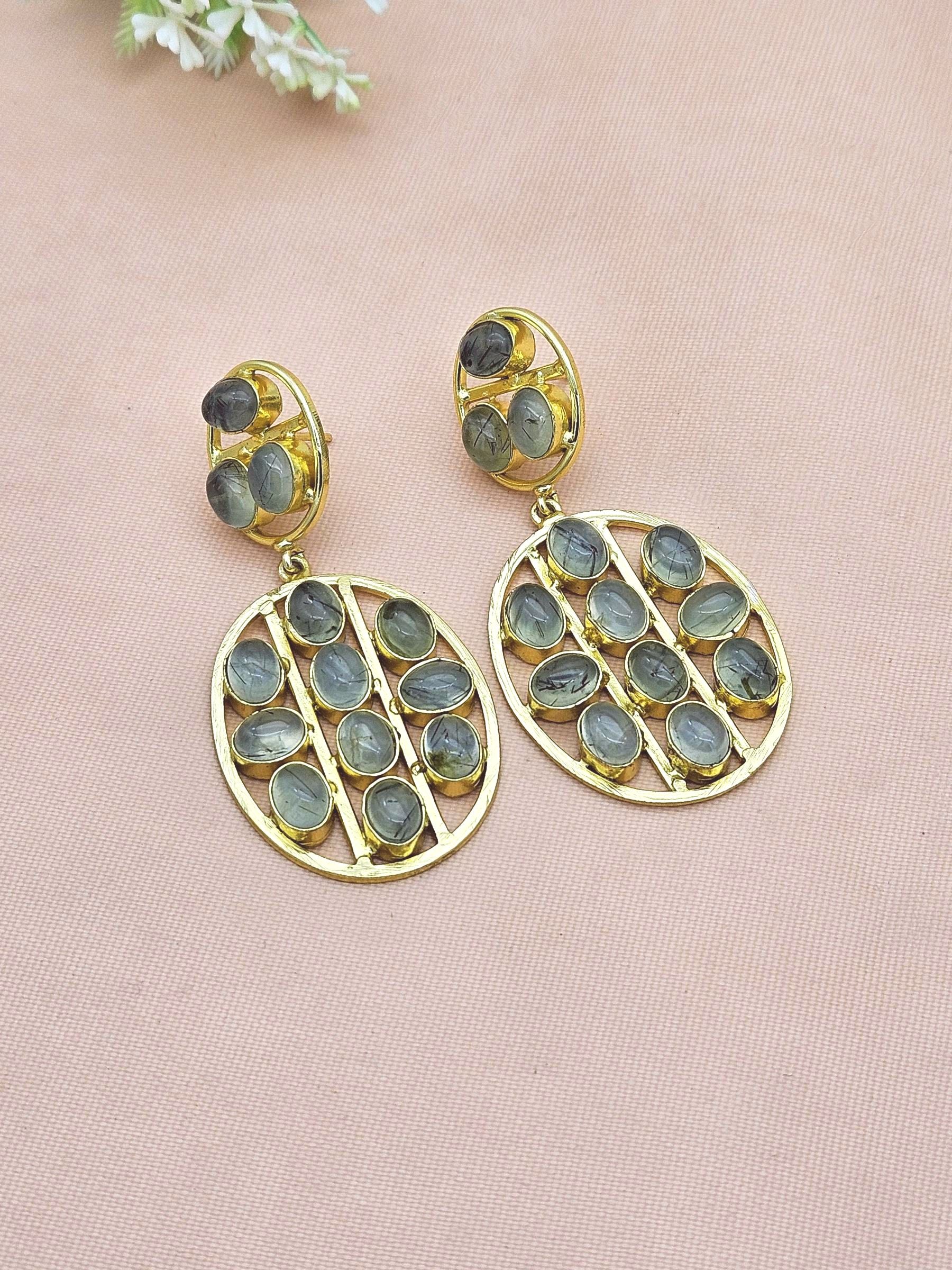 Stunning Gold Plated Prehnite Multi Stones Oval Shape Charming Design Dangle Drop Earrings