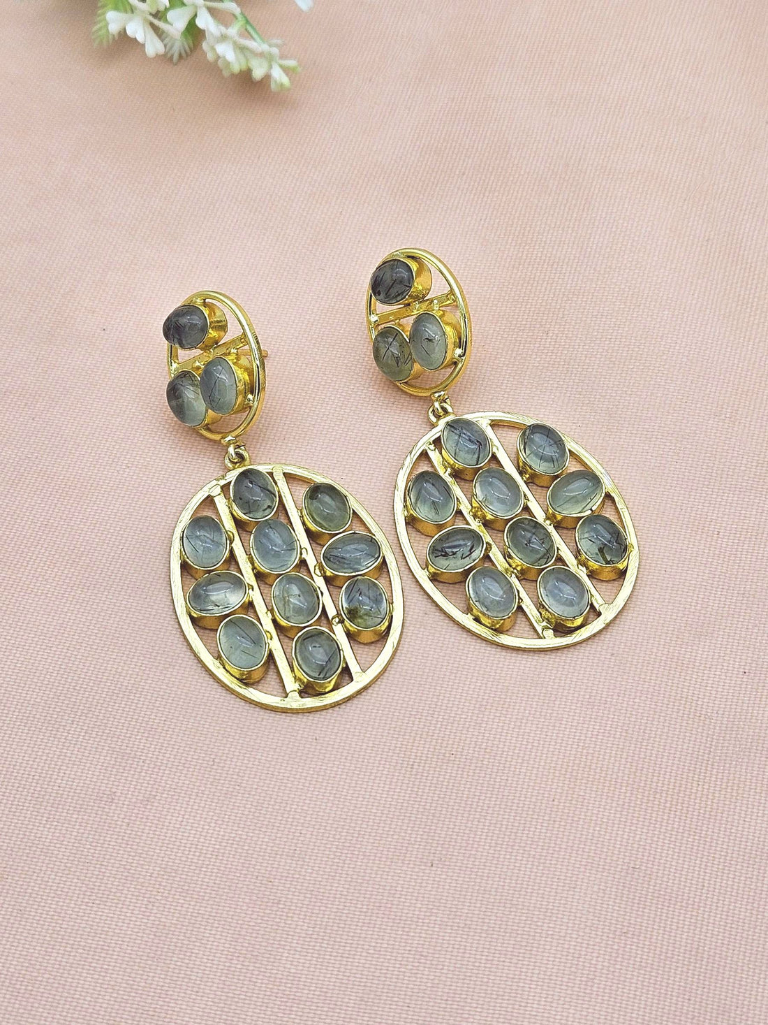 Stunning Gold Plated Prehnite Multi Stones Oval Shape Charming Design Dangle Drop Earrings
