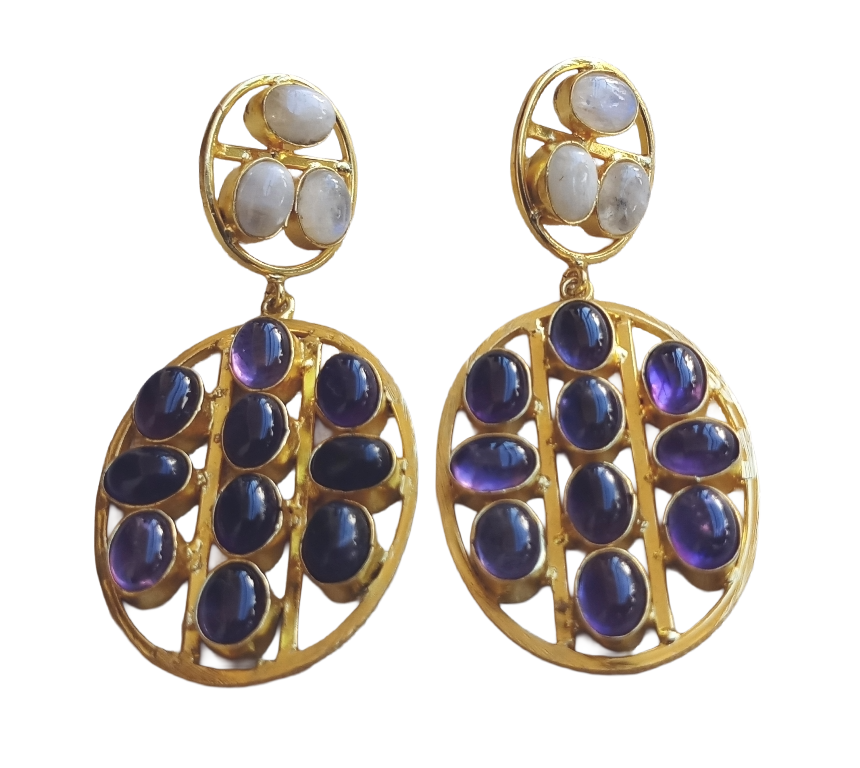 Stunning Gold Plated Amethyst-White Rainbow Multi Stones Oval Shape Charming Design Dangle Drop Earrings